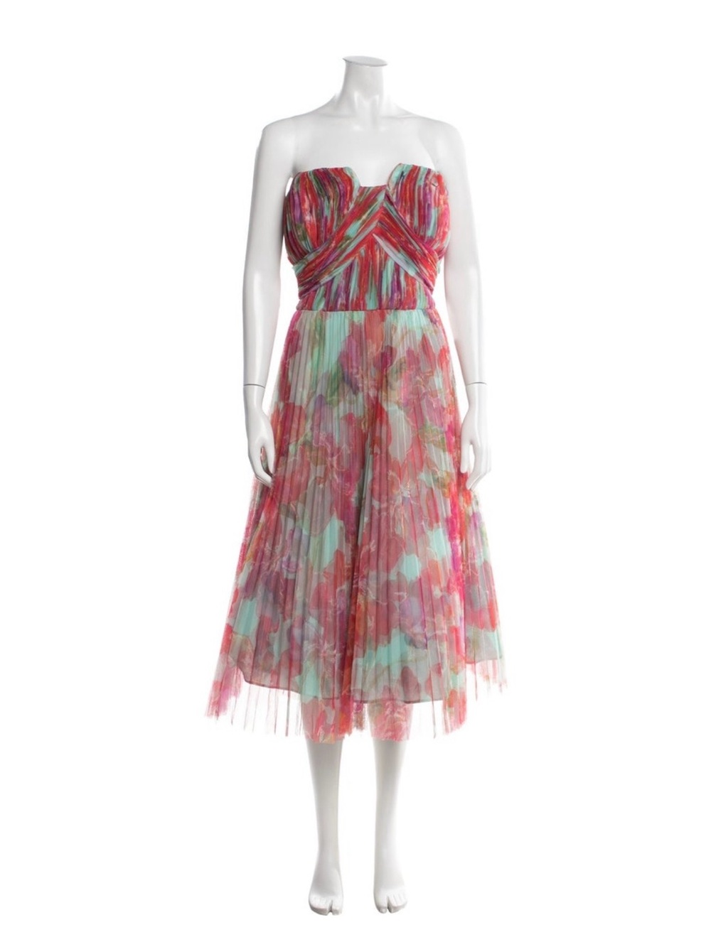 NWT Hutch Strapless Coral-Red & Aqua Pleated Floral Midi Dress